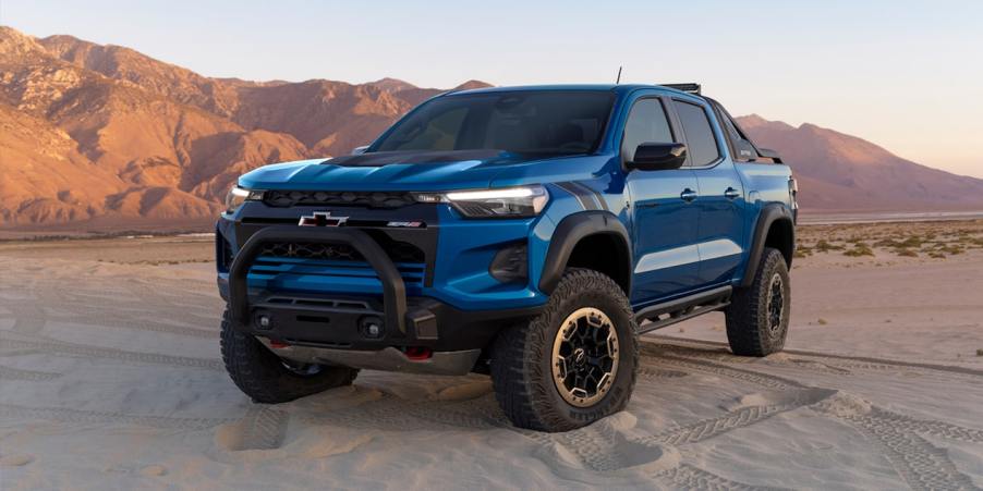 A 2023 Chevy Colorado shows off its aggressive styling as a mid-size truck.