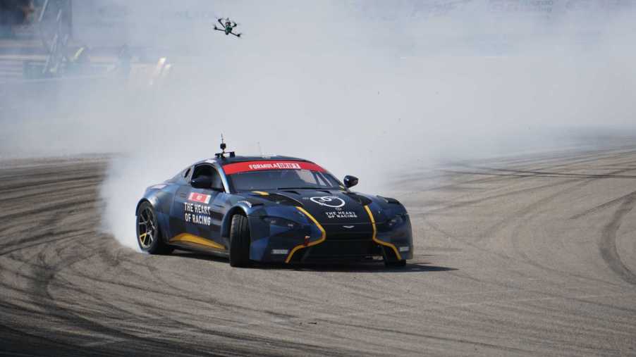 Darren Kelly's Formula D Aston Martin Vantage, like the Ferrari 599, is a V12 car set up for Formula Drift.