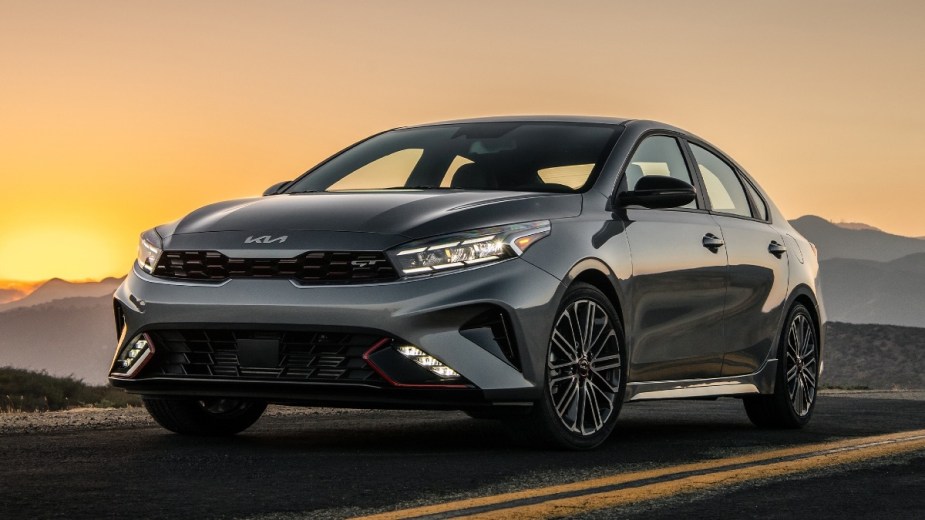 Front angle view of Gravity Gray 2023 Kia Forte compact car