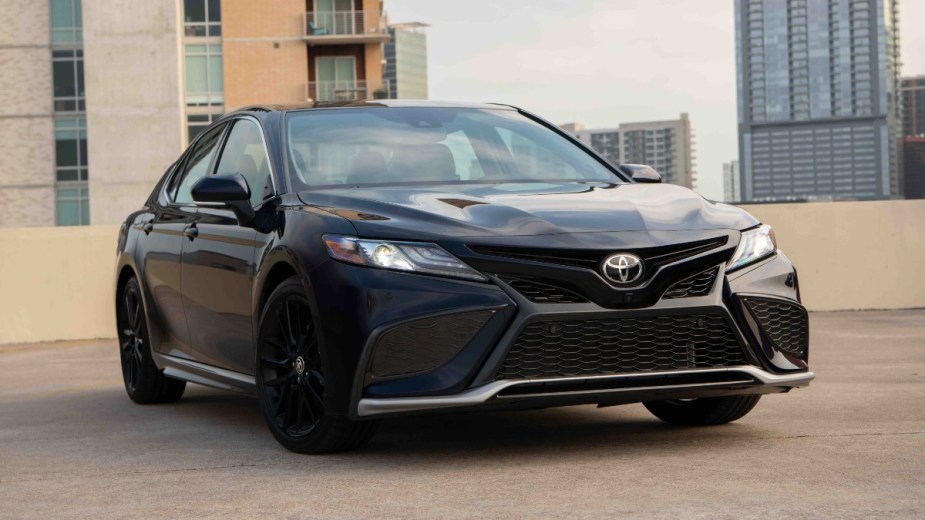 Front angle view of Midnight Black Metallic 2023 Toyota Camry