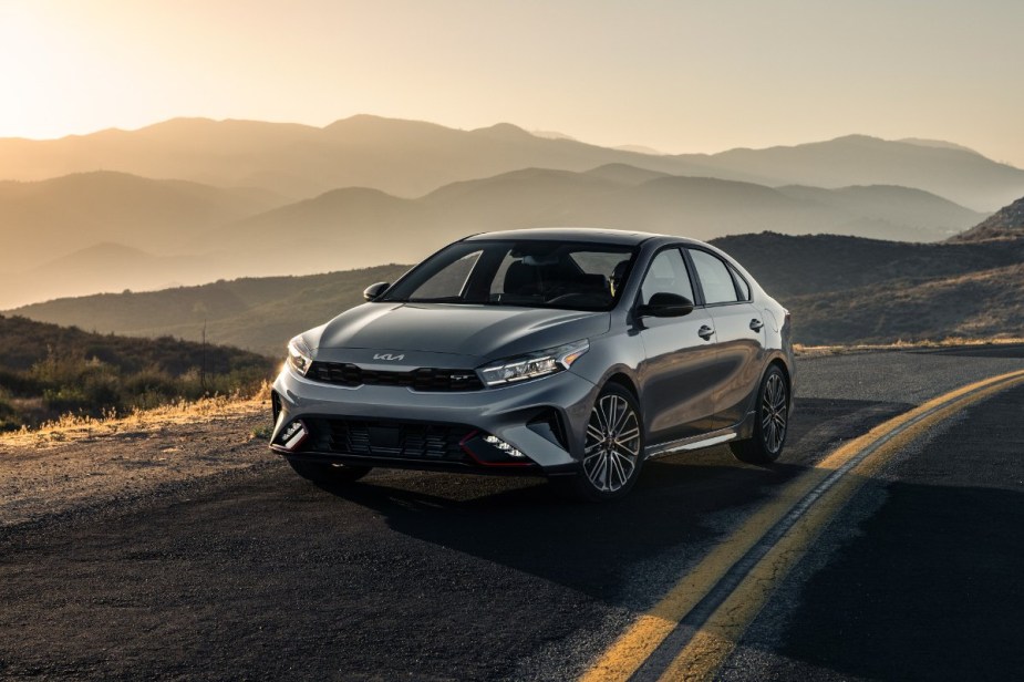 Front angle view of gray 2022 Kia Forte