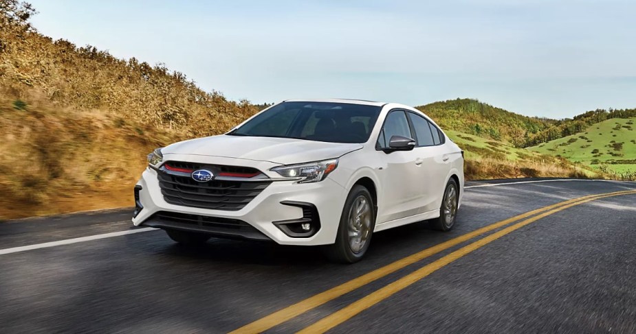 Front angle view of white 2023 Subaru Legacy