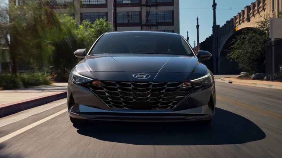 Front view of Portofino Gray 2023 Hyundai Elantra compact car