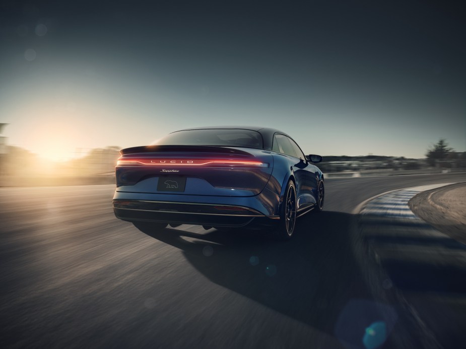 A Lucid Air Sapphire driving away