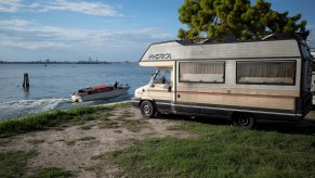 A parked RV, potentially abiding by the 3/3/3 RV road trip rule