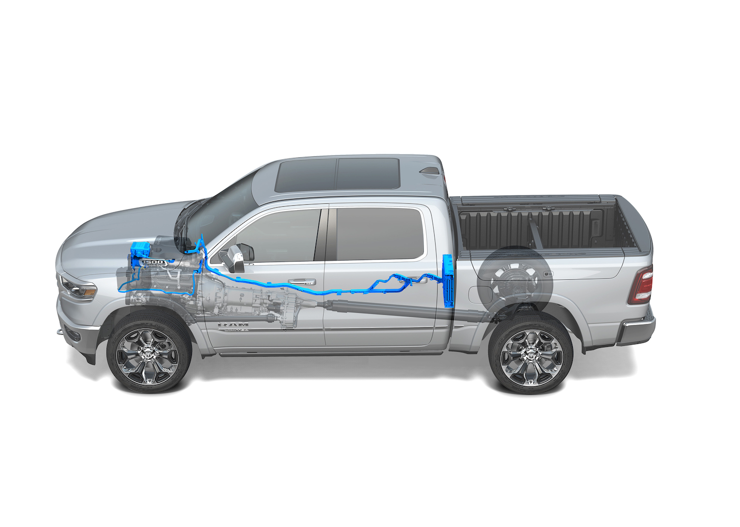 A cutaway illustration of a 2019 Ram 1500 Limited pickup truck with an eTorque mild hybrid drivetrain.