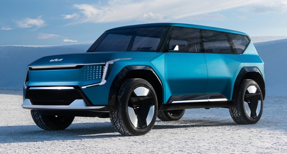 A blue 2024 Kia EV9 concept SUV. 