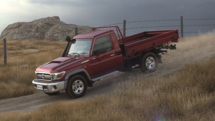 A Toyota LandCruiser 70 shows off its capability in a remote location.