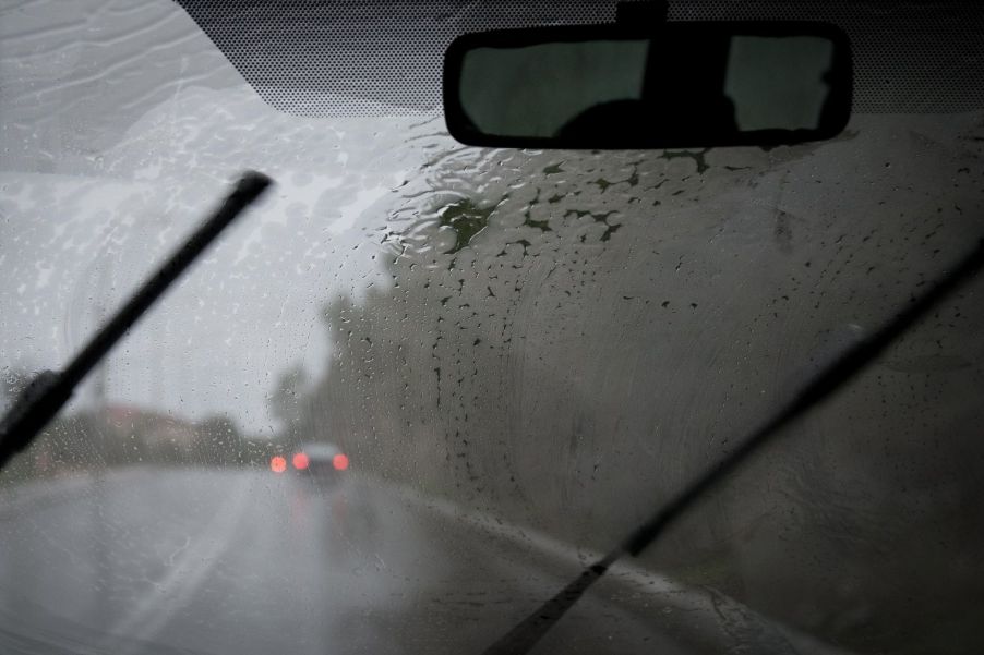 Windshield wipers battling rainfall in Chania, Greece