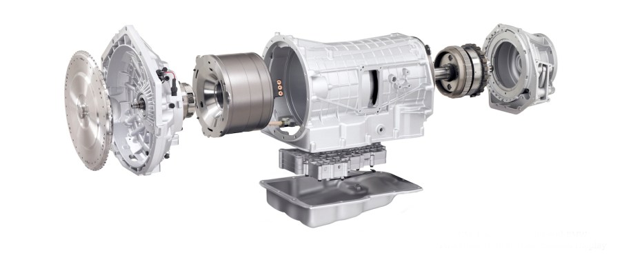 Blown-up view of a hybrid eCVT automatic transmission with two electric motor/generators engineered to pair with an internal combustion V8 or V6.