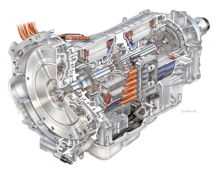 Cutaway of Dodge's 2009 Two Mode hybrid automatic transmission unit available in the Durango SUV, Chevrolet, and GMC pickup trucks, and BMW and Mercedes.