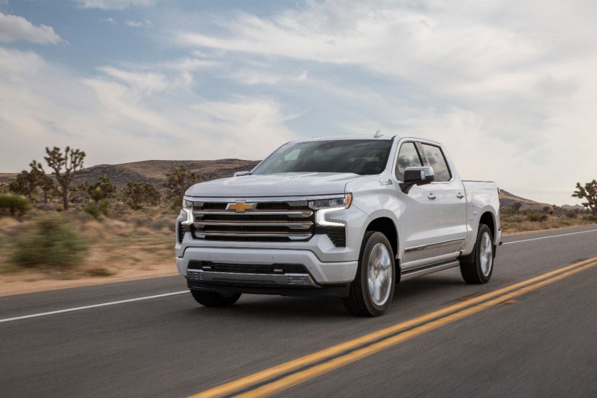 A white 2022 Chevrolet Silverado in High Country trim. 