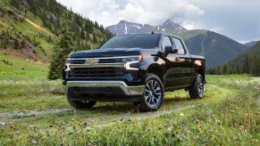 A 2022 Chevy Silverado LT full-size pickup truck parked on a grass field near mountains of forests