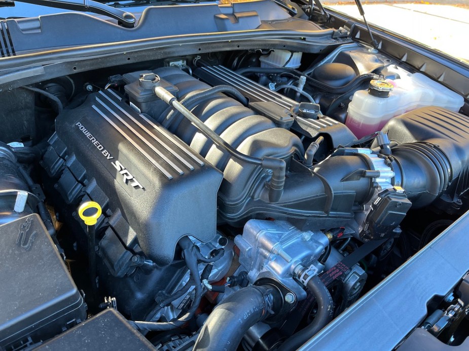 The V8 engine under the hood. 