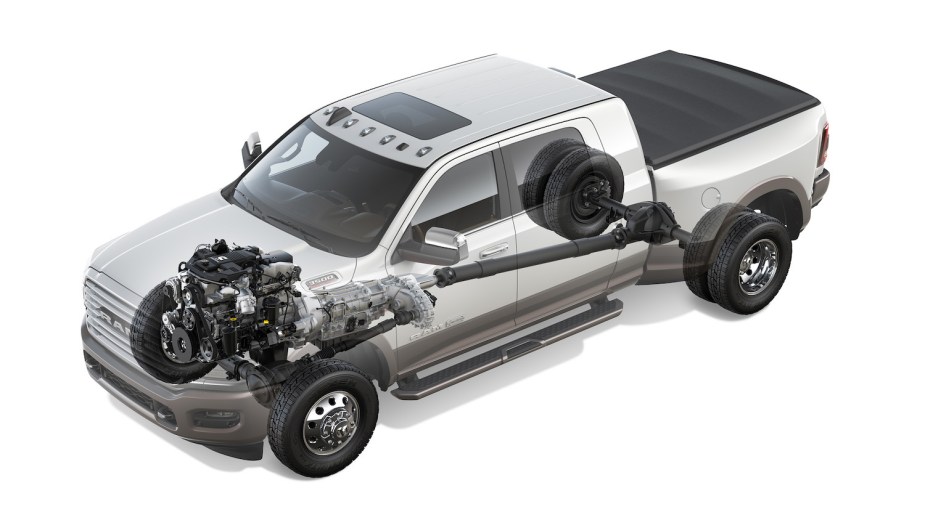 Cutaway of a white Ram truck illustrating its turbo diesel Cummins I6 powertrain, which will soon have to compete with a 500 horsepower gasoline I6. 