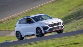 A white 2022 Hyundai Kona N performance-focused compact SUV model