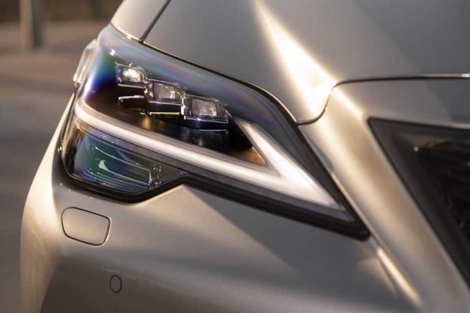 Close-up on the headlight of a 2022 Lexus LS, one of the quietest cars