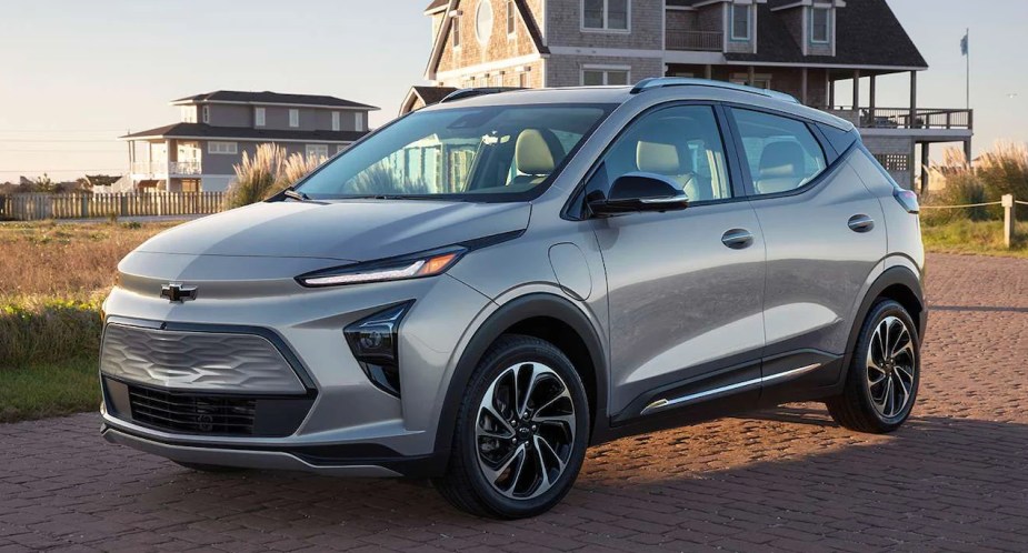 A gray 2023 Chevrolet Bolt EUV electric subcompact SUV is parked. 