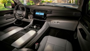 The interior of a Series I Grand Wagoneer luxury SUV base model with leather-trimmed seats.