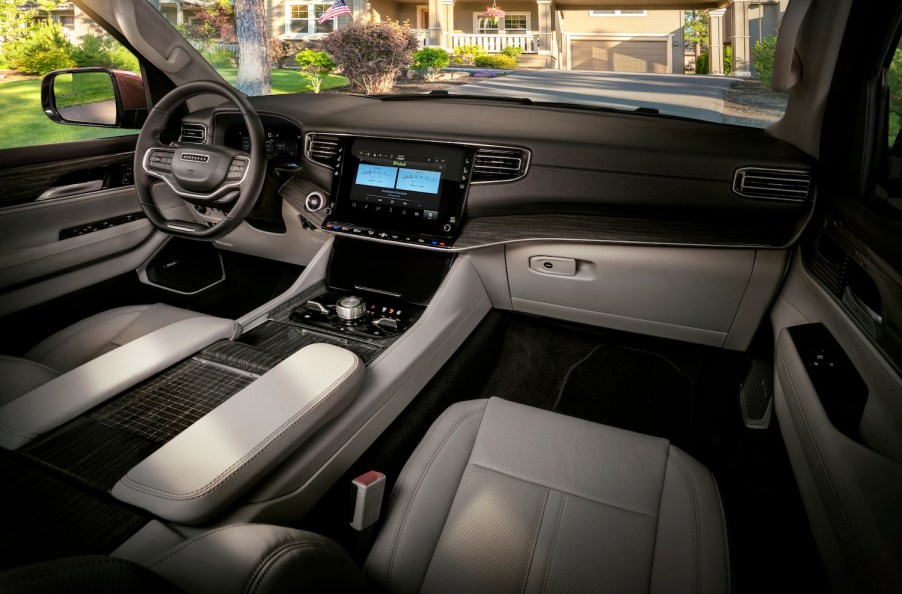 The interior of a Series I Grand Wagoneer luxury SUV base model with leather-trimmed seats.