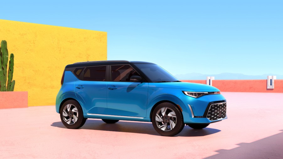 A light blue 2023 Kia Soul. But does the 2023 Kia Soul have Apple CarPlay?