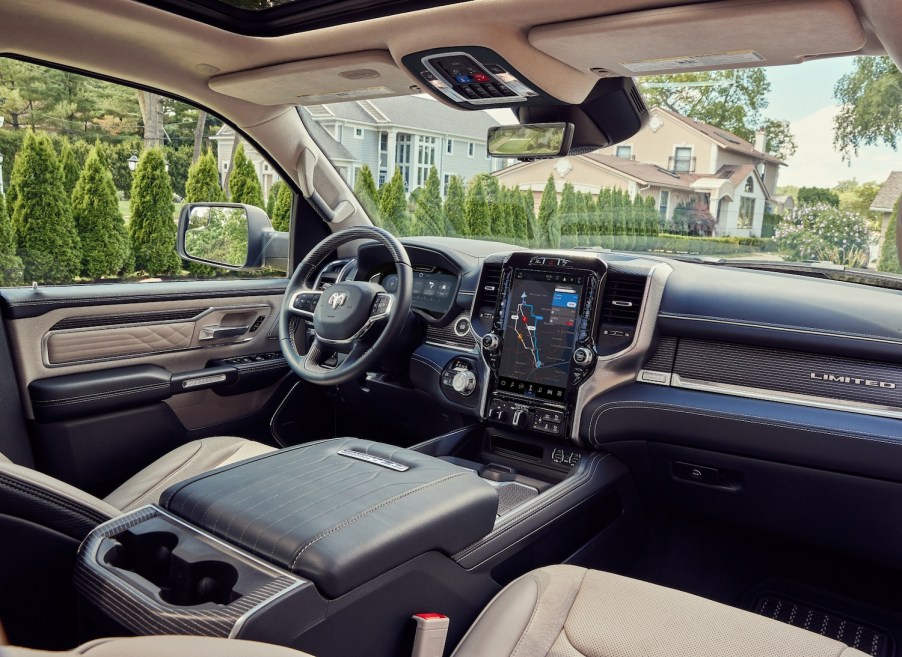 The interior of the Ram 1500 Limited Elite Edition luxury pickup truck with quilted leather seats and suede headline.