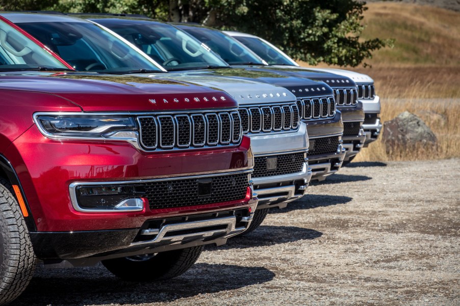 Closeup of grilles in the lineup of new 2023 entry-level Jeep Wagoneer SUVs.