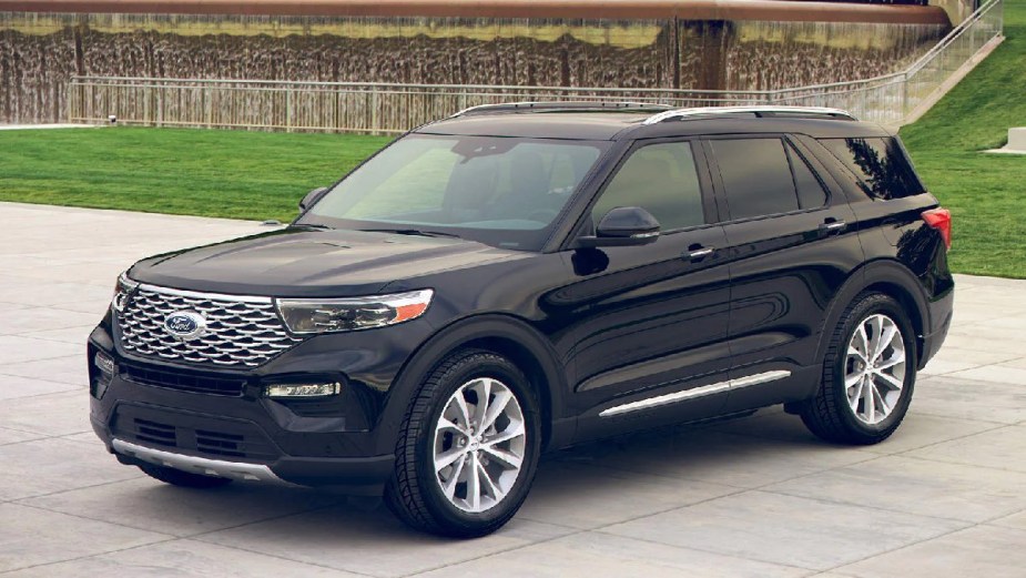 Front angle view of Agate Black 2023 Ford Explorer