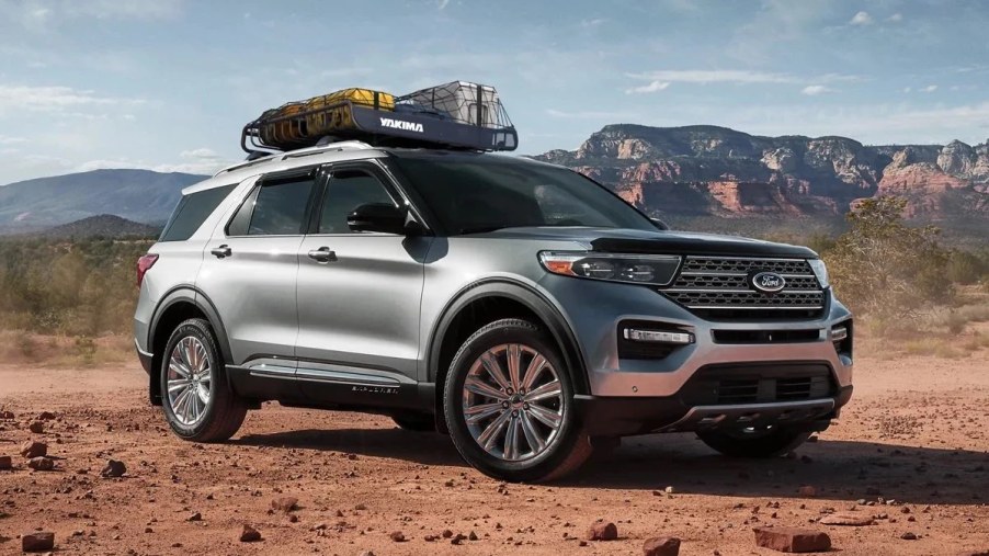 Front angle view of Iconic Silver 2023 Ford Explorer midsize SUV