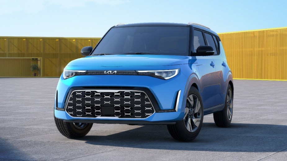 Front angle view of blue 2023 Kia Soul, new SUV that costs less than $20,000