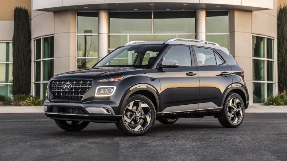 Front angle view of gray 2023 Hyundai Venue, new SUV that costs less than $20,000