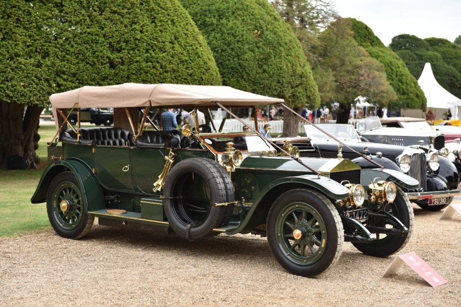 Front angle view of green 1912 Rolls-Royce Silver Ghost, highlighting why Rolls-Royce cars have spooky names