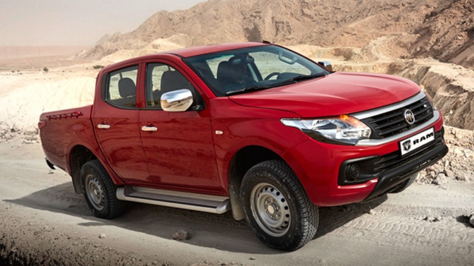 Front angle view of red Ram 1200, highlighting new Ram small pickup truck that could top Ford Maverick