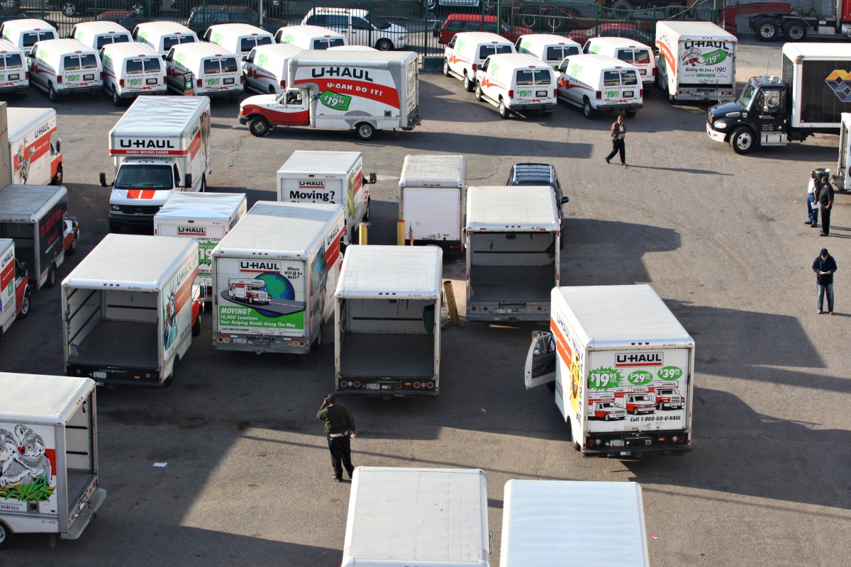 U-Haul trucks and vansfor rent in a lot