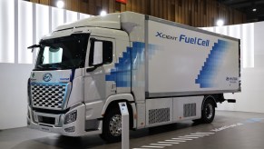 A Hyundai Xcient as one of the best hydrogen fuel cell trucks.