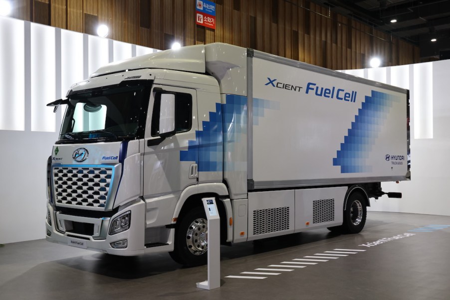 A Hyundai Xcient as one of the best hydrogen fuel cell trucks.