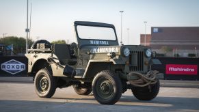 Mahindra Roxor 4x4 UTV finished in army green, like a Willys CJ Jeep from WWII.