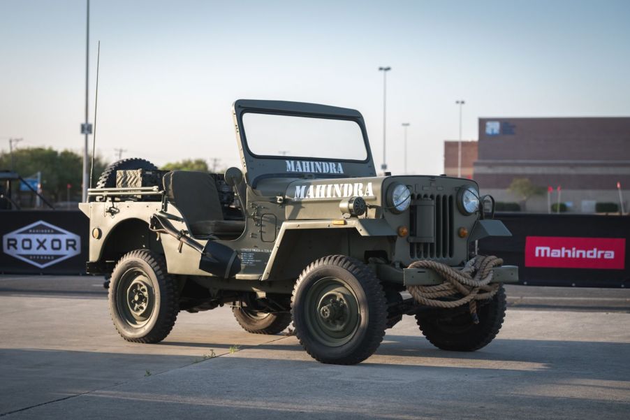 Mahindra Roxor 4x4 UTV finished in army green, like a Willys CJ Jeep from WWII.