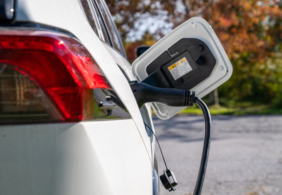 Closeup of a Toyota RAV4 Prime electric plug-in hybrid PHEV charging cable connected, green grass visible in the background.