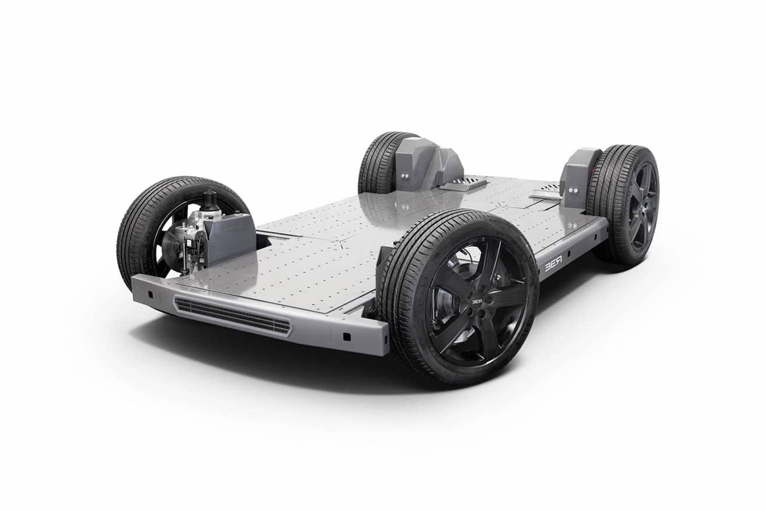 Rendering of a flat "skateboard" chassis for an electric vehicle built by the startup Ree.