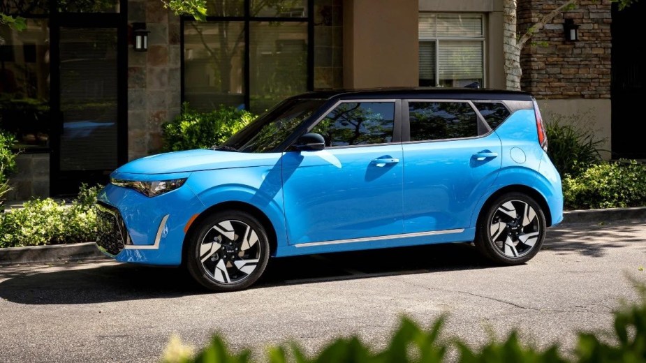 Side view of blue 2023 Kia Soul, the cheapest Kia SUV