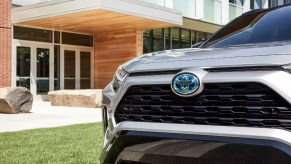 The front of a gray 2022 Toyota RAV4 Hybrid small hybrid SUV.