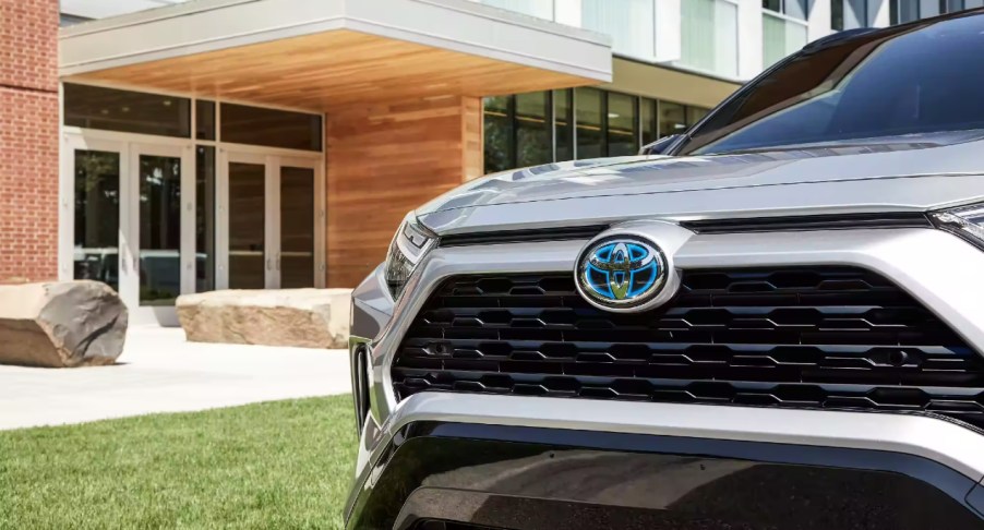 The front of a gray 2022 Toyota RAV4 Hybrid small hybrid SUV.