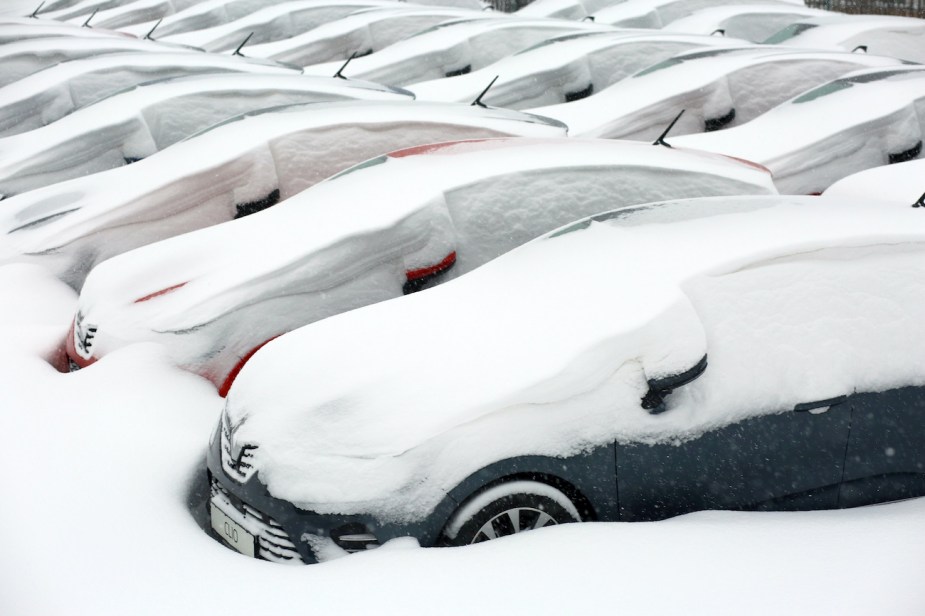 Vehicles are covered in snow in the yard of a car dealership. 