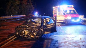 The aftermath of a wrecked car in a fatal accident scene in Lower Saxony, Ebergötzen