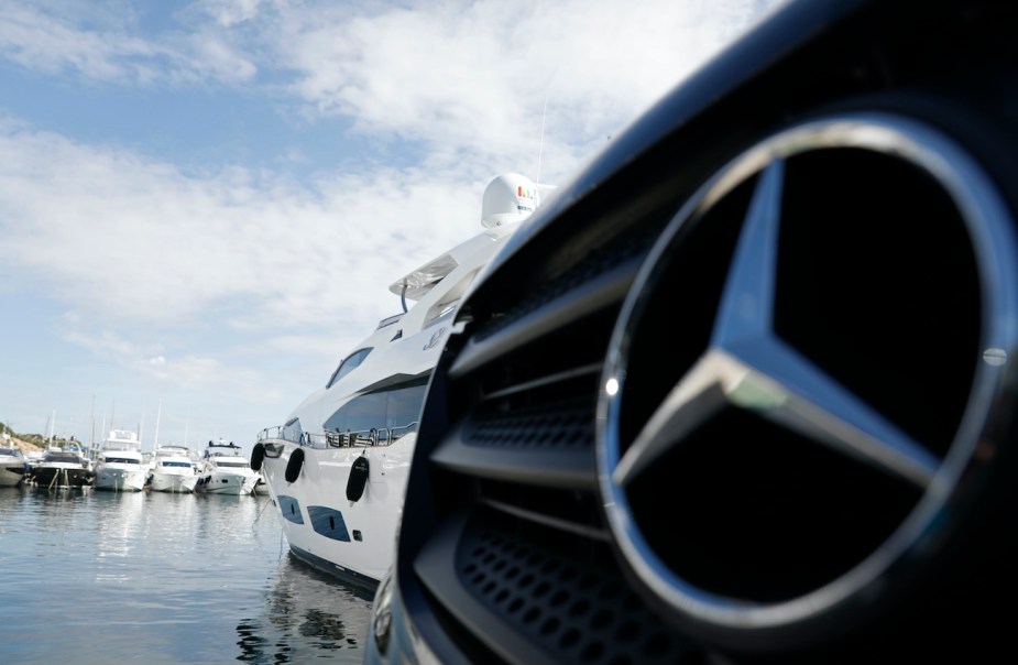 The Mercedes-Benz logo close up.