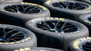 A group of Good Year tires laid out, possibly for people buying new tires.