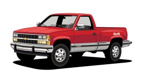 Drawing of a red 1988 Chevrolet K1500 half-ton 4x4 truck which, often referred to as an OBS Chevy.