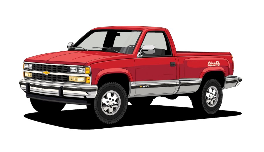 Drawing of a red 1988 Chevrolet K1500 half-ton 4x4 truck which, often referred to as an OBS Chevy.