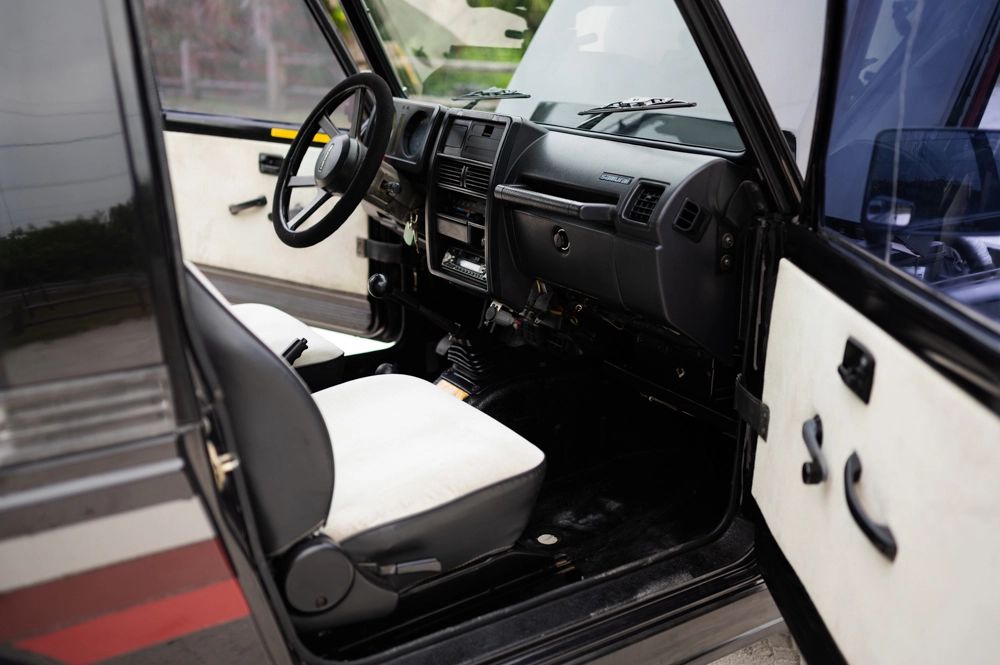 1988 Suzuki Samurai interior in black and white